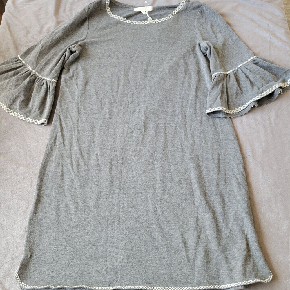Max Studio Shirt Dress Women Small Grey French Terrt Bell Sleeve Embroidery Boho